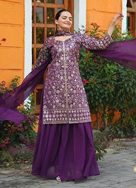 Purple Taffeta Silk Embroidered Sequins Palazzo Suit