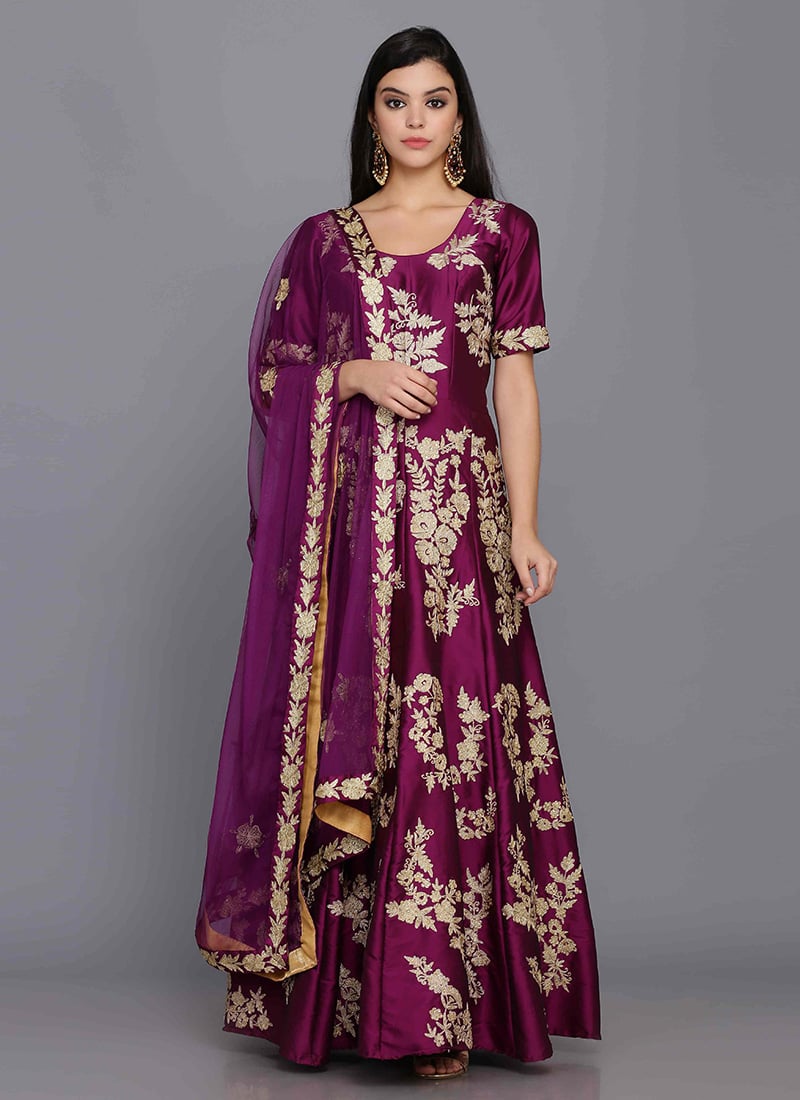 Purple Taffeta Silk Golden Zari Anarkali Suit Party Wear