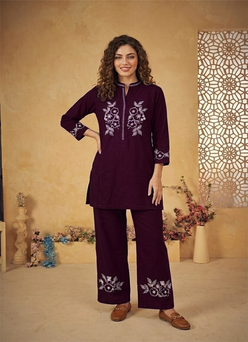 Purple Thread Work Cotton Co Ord Set After Six Wear