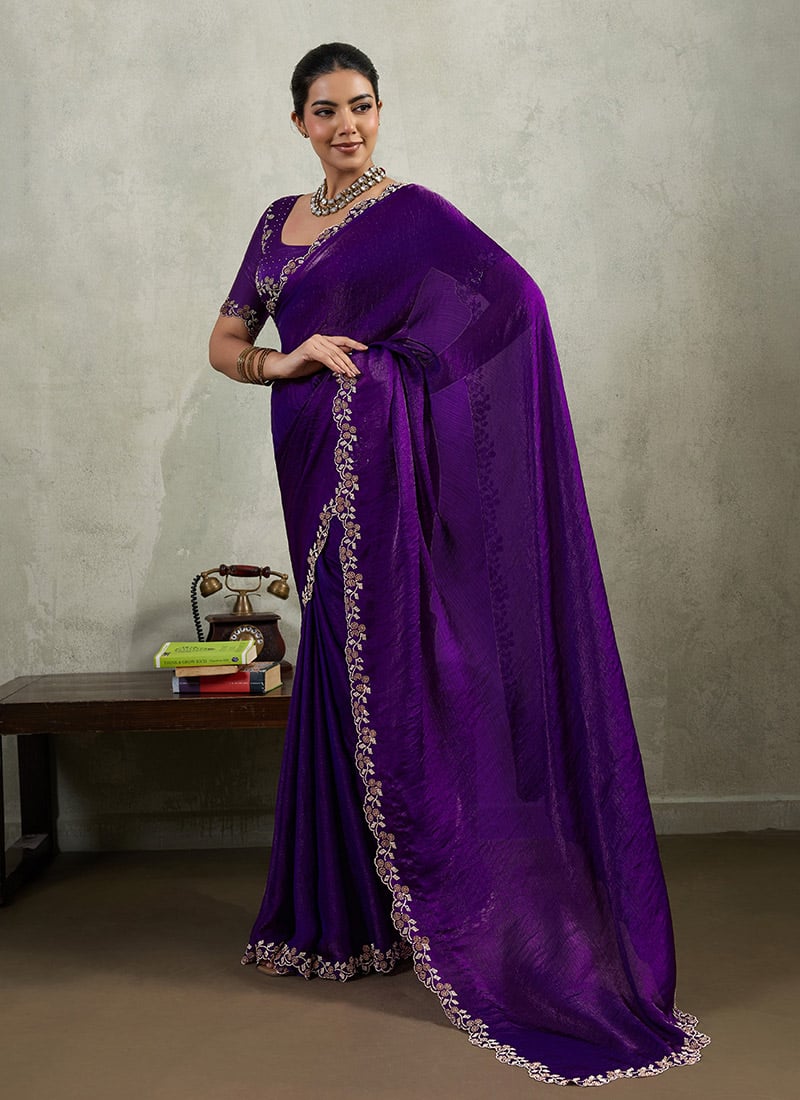 Purple Tikki Work Chinon Saree Festive Wear