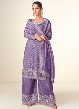 Purple Tissue Crush Embroidered Sequins Palazzo Suit