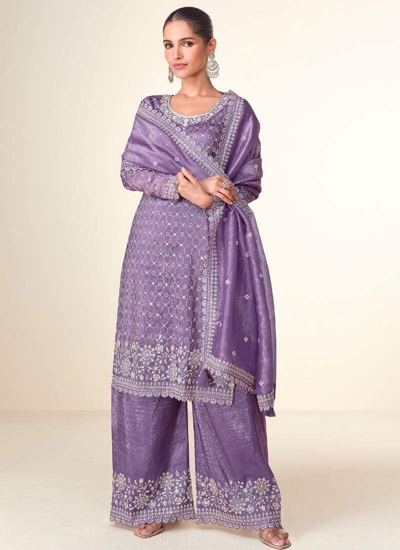 Purple Tissue Crush Embroidered Sequins Palazzo Suit