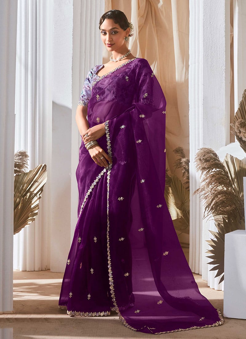 Purple Tissue Embroidered Sequins Saree With Digital Print Blouse Festive Wear