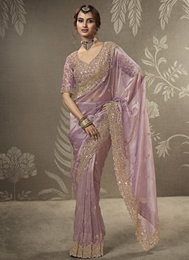 Purple Tissue Embroidered Sequins With Beads Work Saree