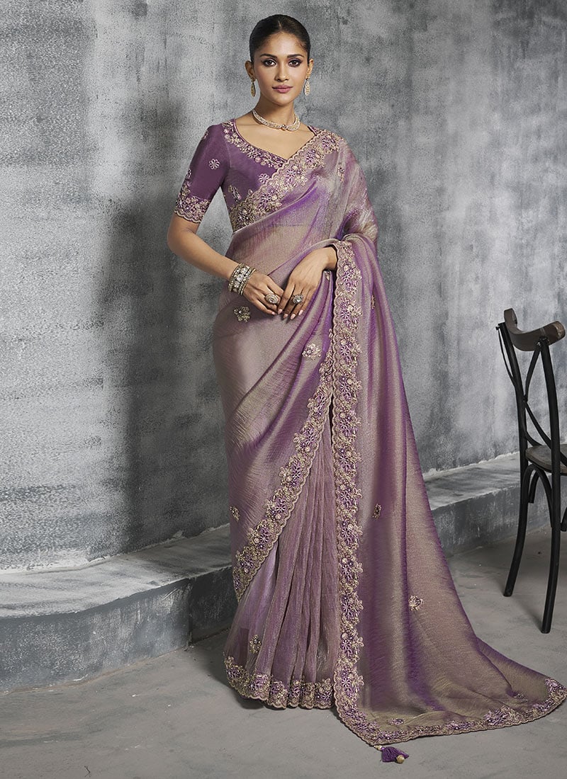 Purple Tissue Embroidered Sequins With Stone And Beads Work Saree  Wedding Wear