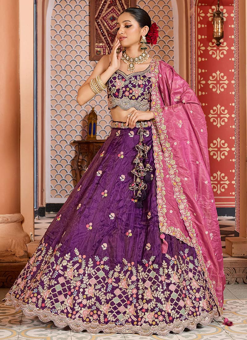 Purple Tissue Embroidered Sequins With Stone Work Lehenga Set