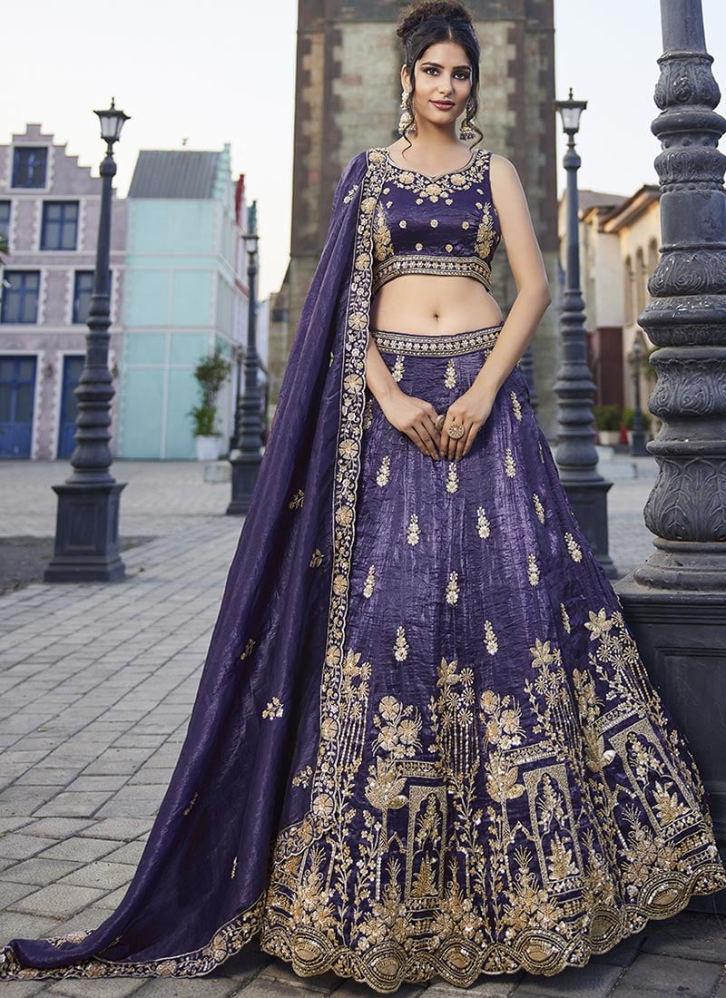 Blue Tissue Hand Work Embroidered Sequins Lehenga Wedding Wear