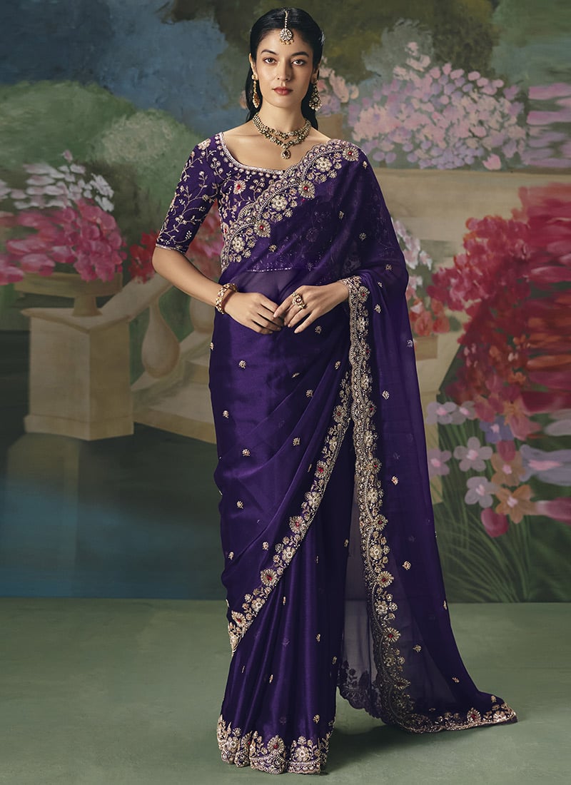 Purple Tissue Organza Sequins Embroidered With Stone Work Saree Wedding Wear