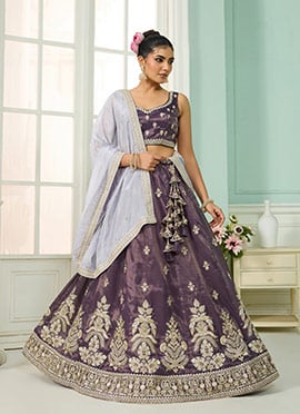 Purple Tissue Sequins Moti Embroidered Umbrella Lehenga Wedding Wear