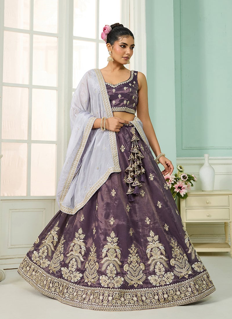 Purple Tissue Sequins Moti Embroidered Umbrella Lehenga Wedding Wear