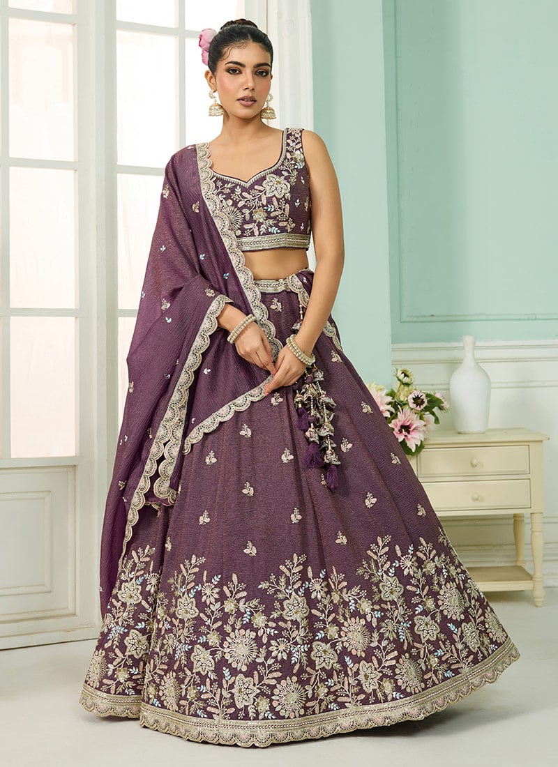 Purple Tissue Sequins Stones Embroidered Cut Work Umbrella Lehenga