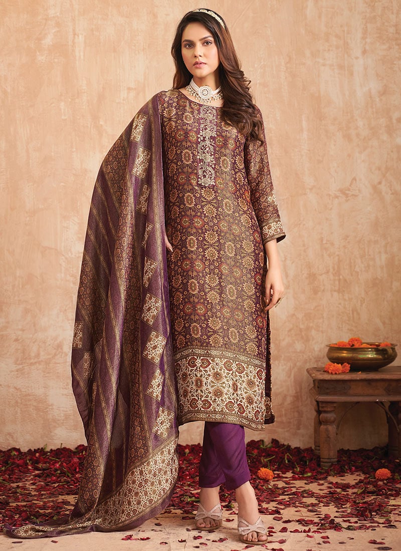 Purple Tissue Shimmer Digital Print Hand Work Straight Pant Suit