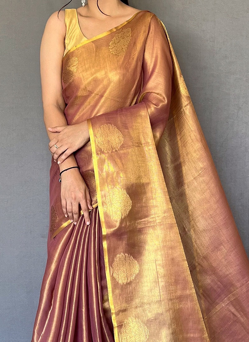 Women Pink Tissue Silk Zari Woven Saree With Unstitched Blouse