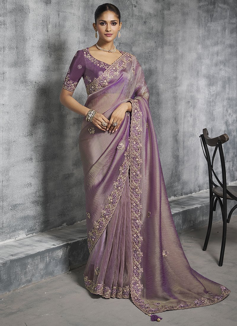 Purple Tissue Silk Resham Sequins Embroidered Stones Beads Zari Saree Wedding Wear