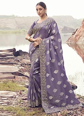 Purple Tissue Silk Sequins Embroidered Stones Thread Saree