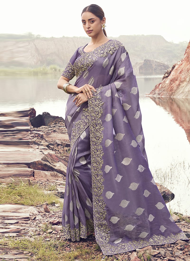 Purple Tissue Silk Sequins Embroidered Stones Thread Saree Festive Wear