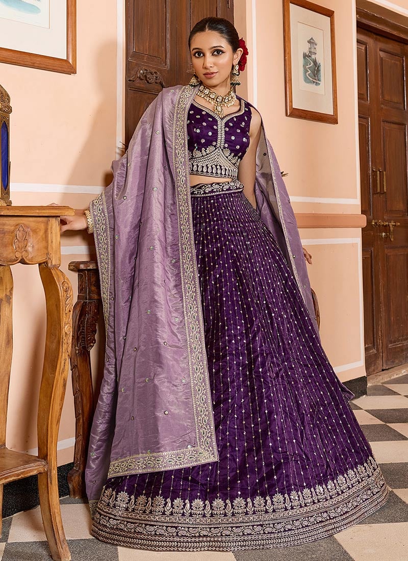 Purple Tissue Silk Zari Embroidered Sequins Saree
