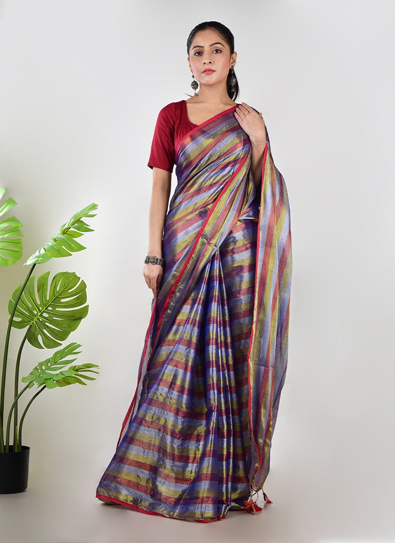 Purple Tissue Striped Saree