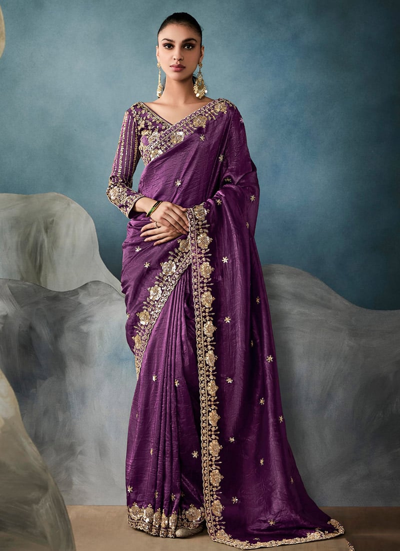 Purple Tissue Zari And Embroidered Sequins Saree Festive Wear