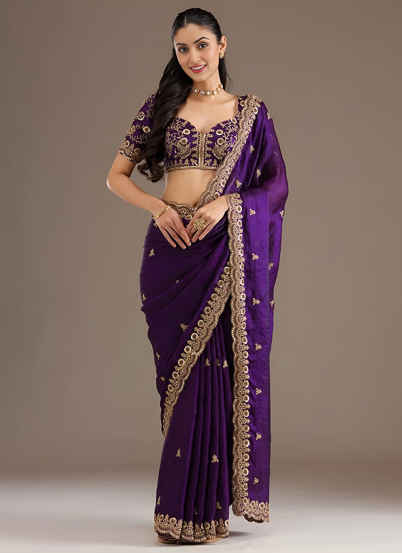 Purple Tissue Zari Embroidered Sequins With Stone Work Saree Wedding Wear