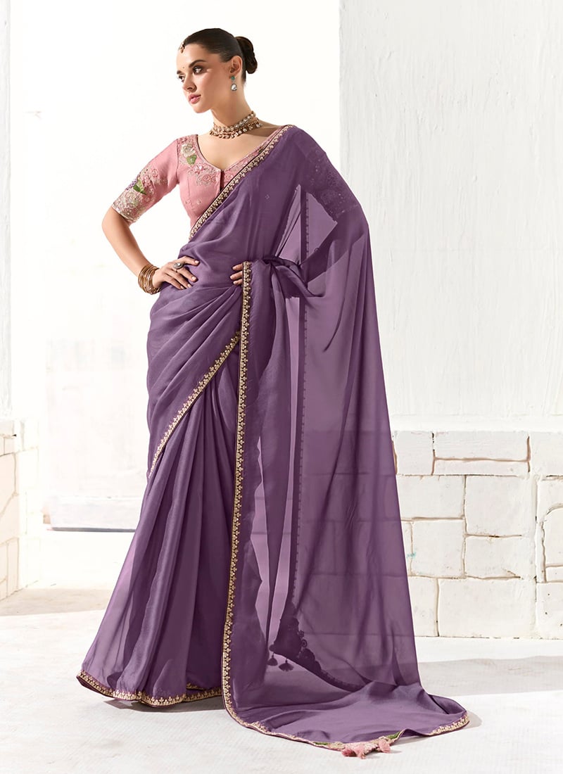 Purple Tissue Zari Hand Embroidered Sequins Saree Wedding Wear