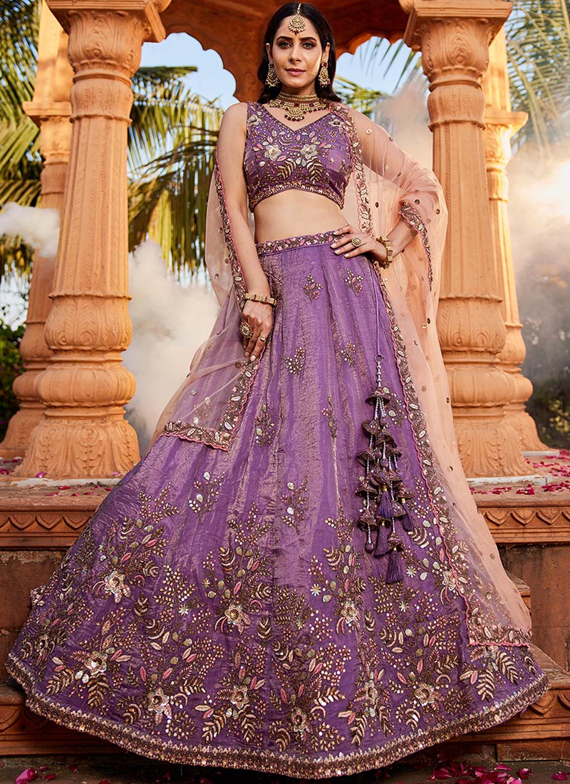 Purple Tissue Zarkan Embroidered Sequins With Stone And Moti Lehenga Wedding Wear-GHSPC6136PU