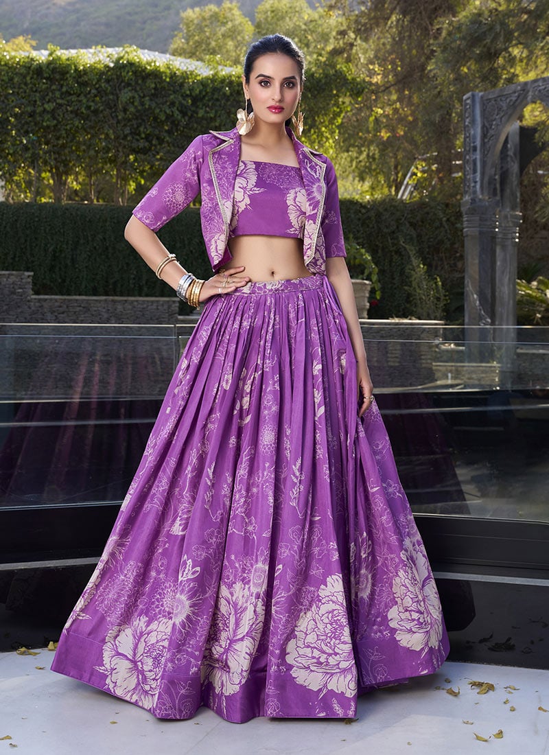 Purple Tussar Silk Floral Print Jacket Lehenga Set