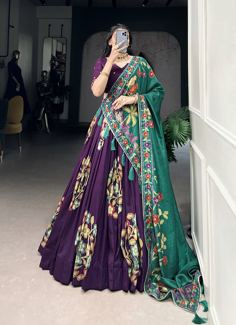 Purple Tussar Silk Foil Print Lehenga