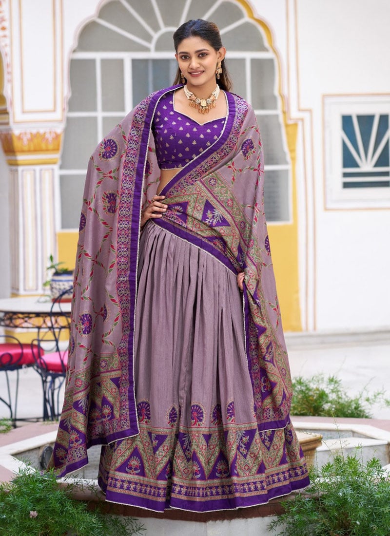 Purple Tussar Silk Foil Print Lehenga Festive Wear