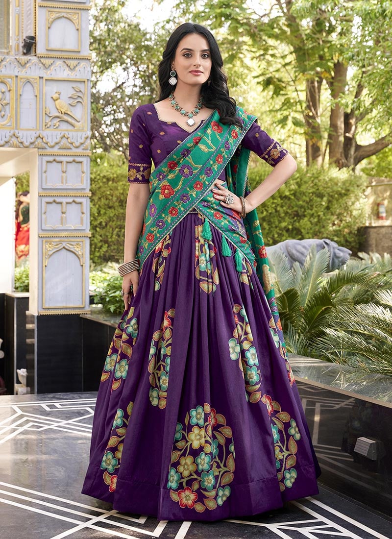 Purple Tussar Silk Foil Print Lehenga Festive Wear