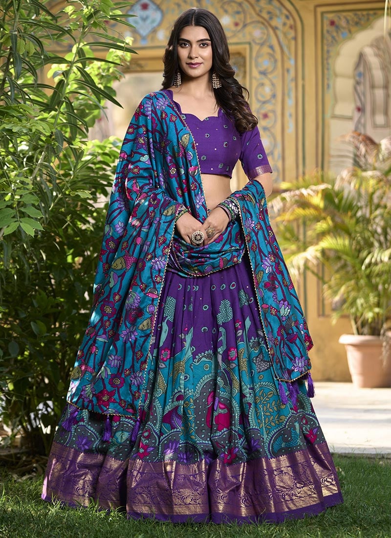 Purple Tussar Silk Kalamkari Printed Classy Lehenga Festive Wear