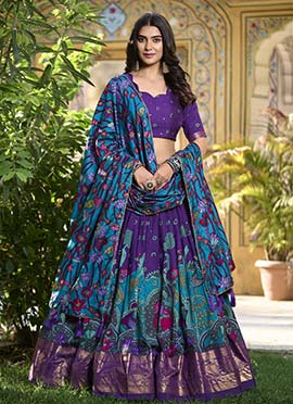 Purple Tussar Silk Kashmiri Foil Print Lehenga
