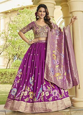 Purple Tusser Silk Sequins Zari Cutdana Banarasi Style Bird Motif Print Lehenga
