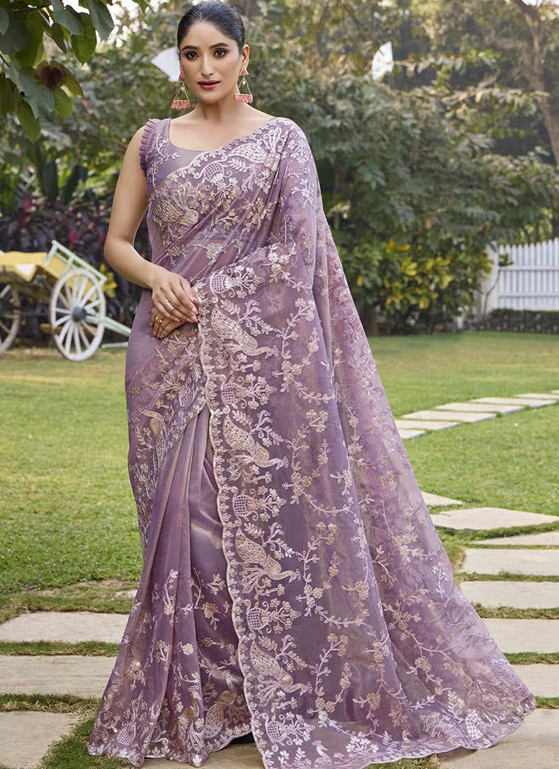 Purple Twill Net Embroidered Sequins Saree Festive Wear
