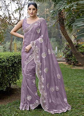Purple Twill Net Zari Embroidered Stone Work Saree