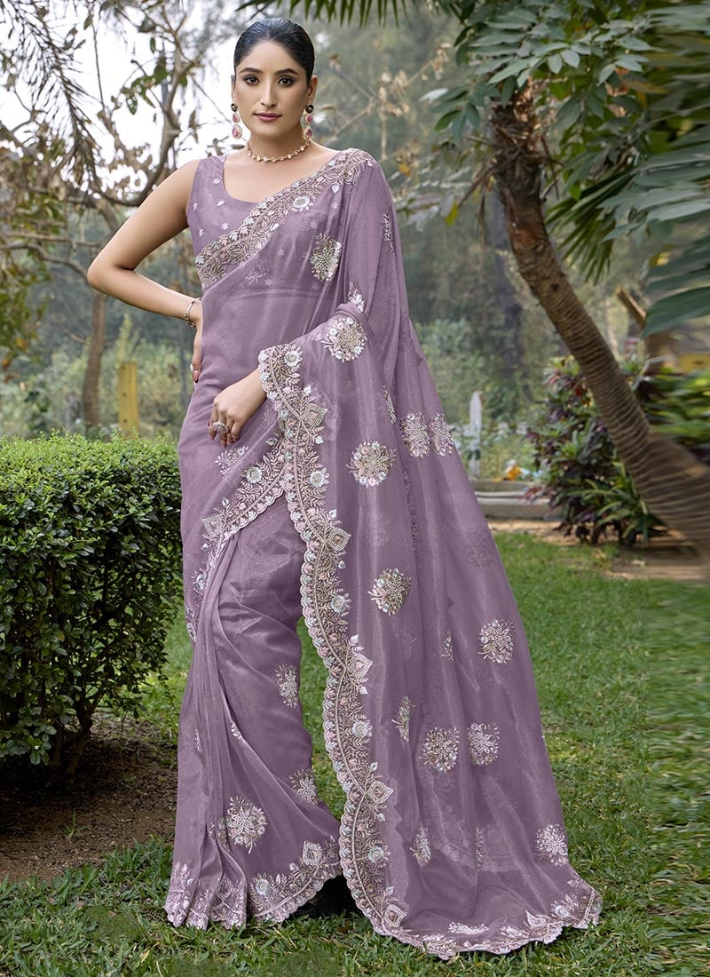 Purple Twill Net Zari Embroidered Stone Work Saree Festive Wear