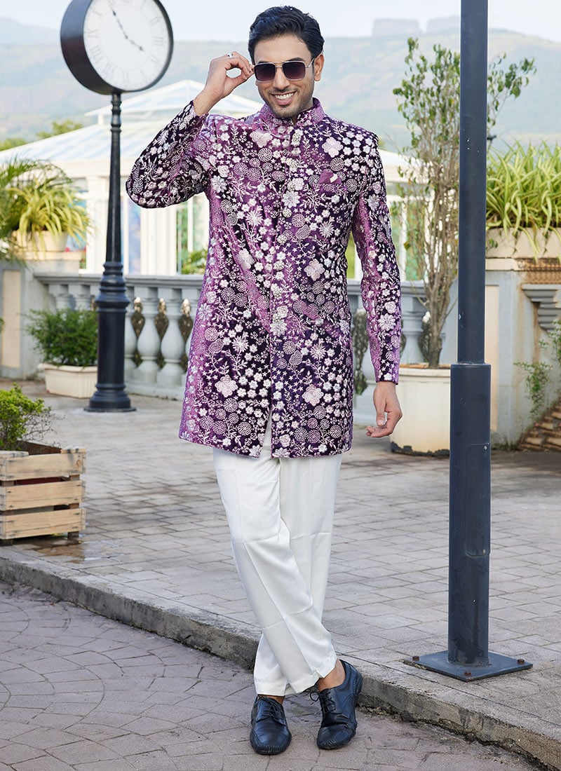 Purple Velvet Embroidered Indowestern Sherwani Wedding Wear