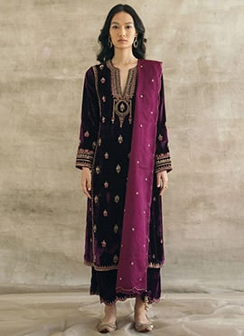 Purple Velvet Embroidered Palazzo Suit