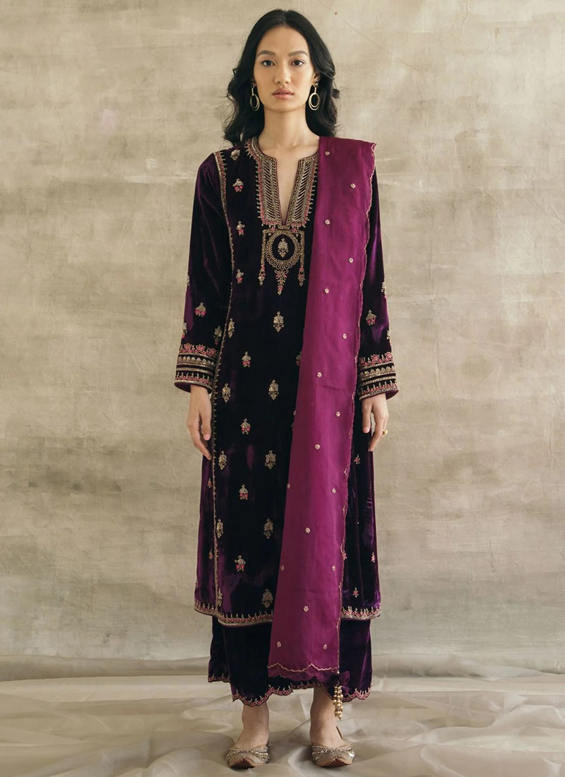 Purple Velvet Embroidered Palazzo Suit After Six Wear