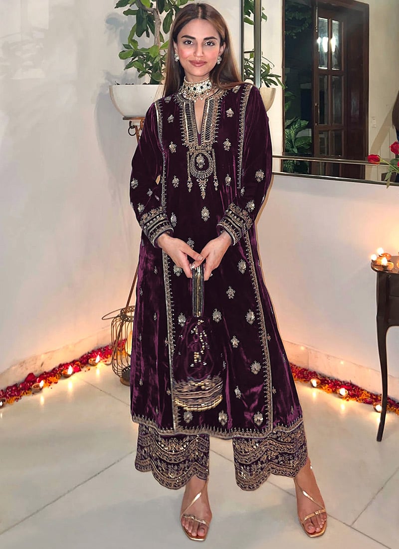 Purple Velvet Embroidered Palazzo Suit Party Wear