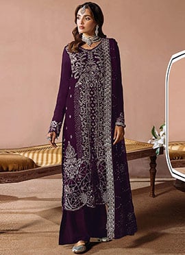 Purple Velvet Embroidered Sequins Pakistani Palazzo Suit