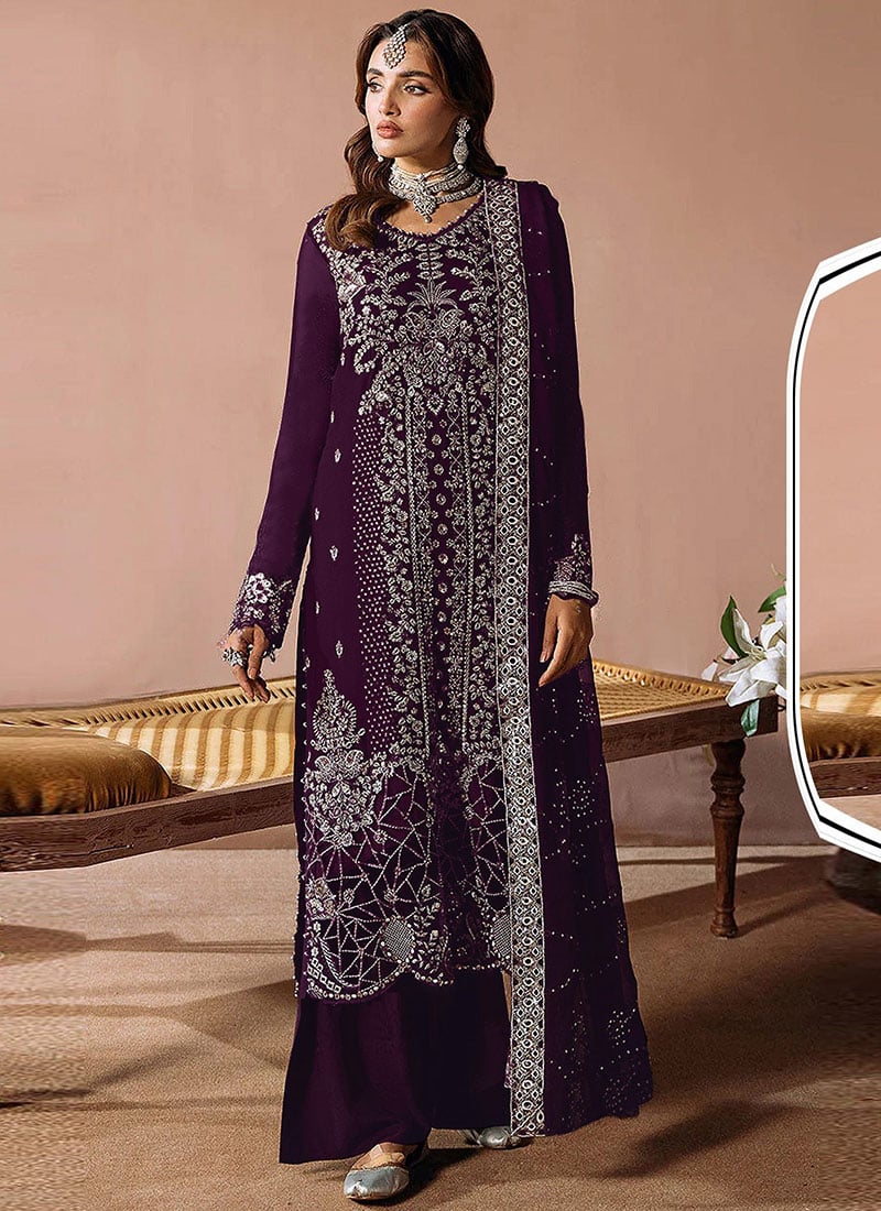 Purple Velvet Embroidered Sequins Pakistani Palazzo Suit Festive Wear