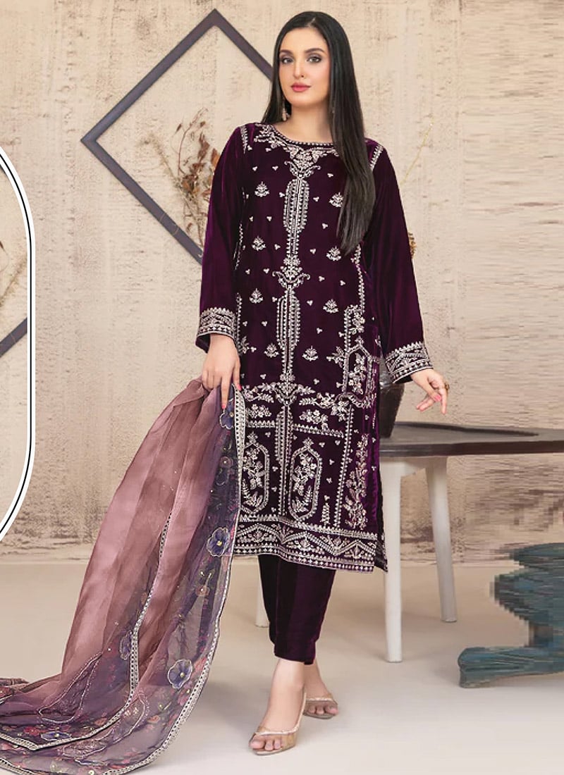 Purple Velvet Embroidered Sequins Pakistani Straight Pant Suit Festive Wear