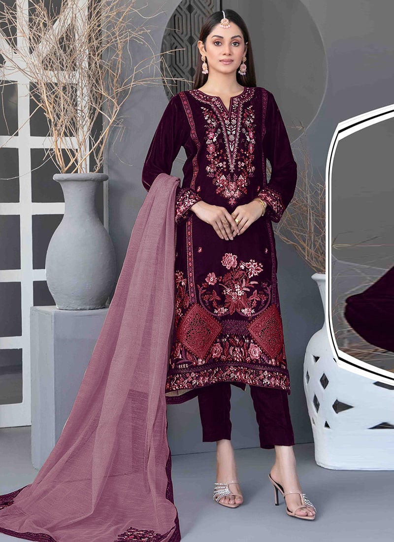 Purple Velvet Embroidered Sequins Pakistani Straight Pant Suit Festive Wear