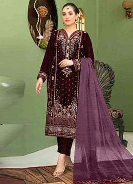 Purple Velvet Embroidered Sequins Pakistani Straight Pant Suit