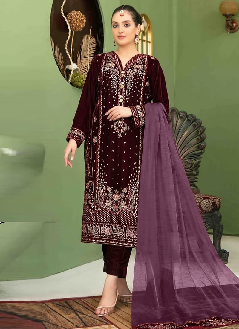 Purple Velvet Embroidered Sequins Pakistani Straight Pant Suit Festive Wear
