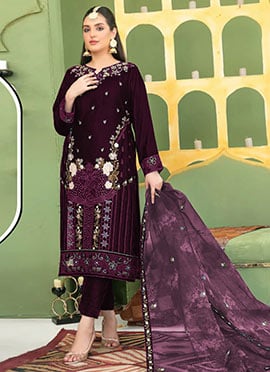 Purple Velvet Embroidered Sequins Pakistani Straight Pant Suit