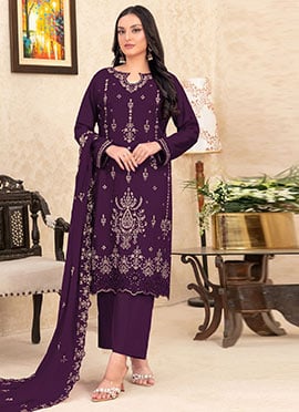 Purple Velvet Embroidered Sequins Pakistani Straight Pant Suit