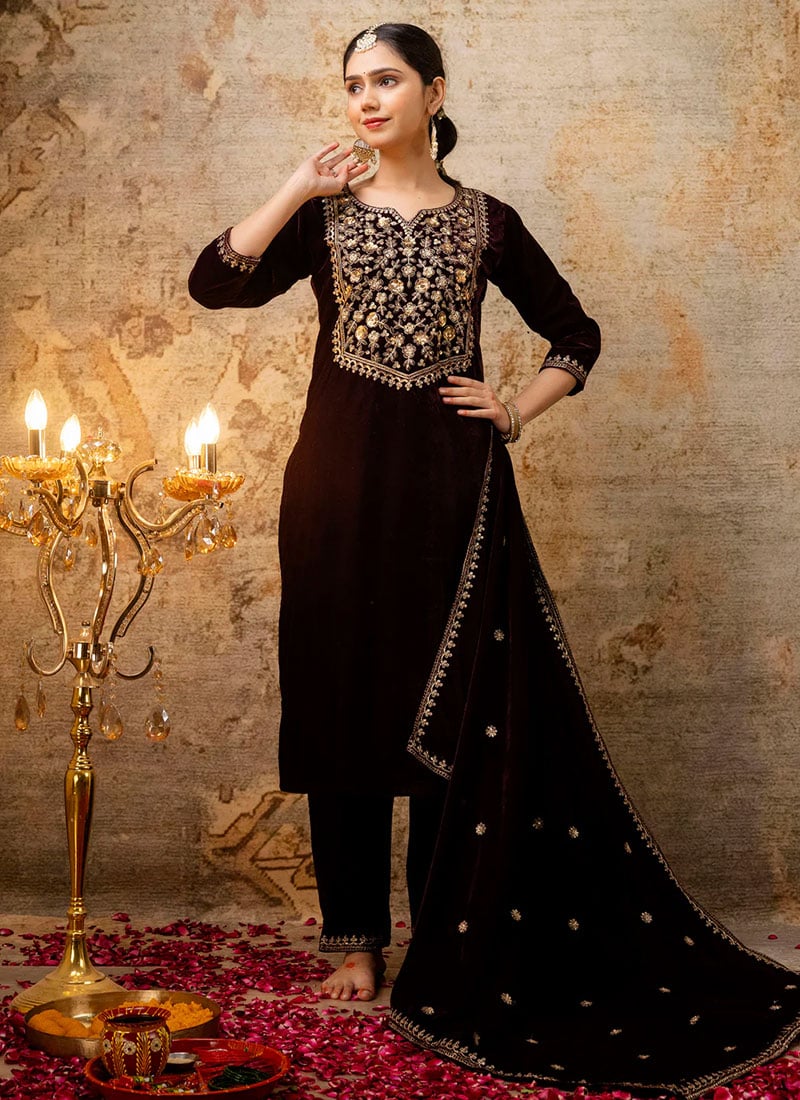 Purple Velvet Embroidered Sequins Straight Pant Suit Festive Wear
