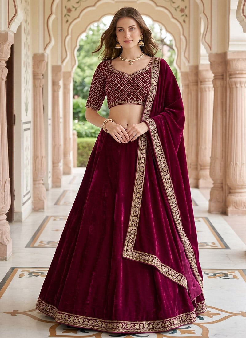Purple Velvet Embroidery Sequins Lehenga Wedding Wear